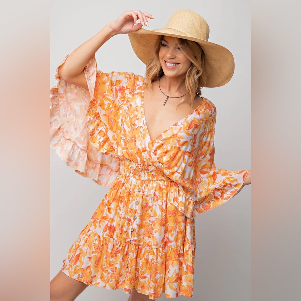 1X Easel Orange and Pink Floral Wrap Midi Romper/Dress